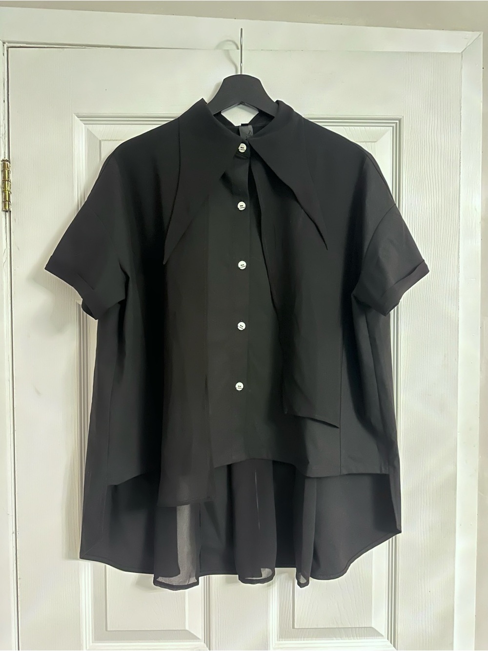 Black Short-Sleeve Button Front Blouse with Tie Neck